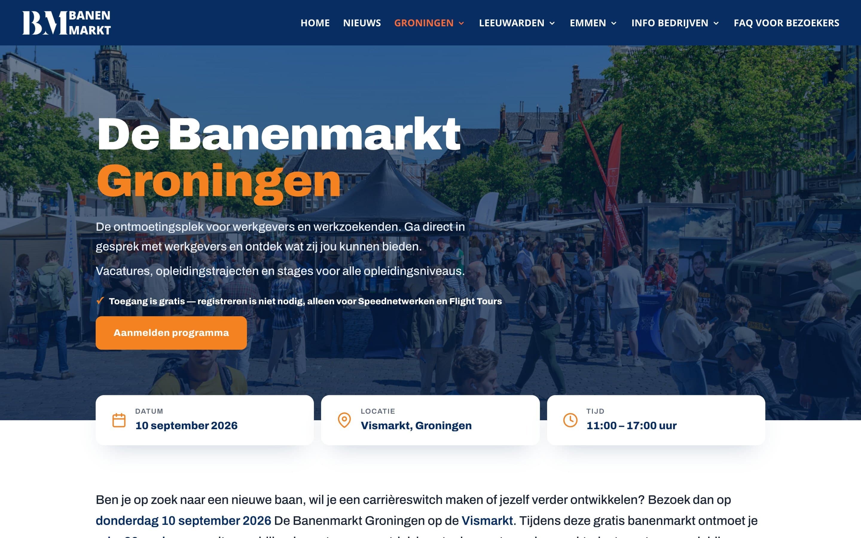 Website van De Banenmarkt Groningen, gebouwd op WordPress