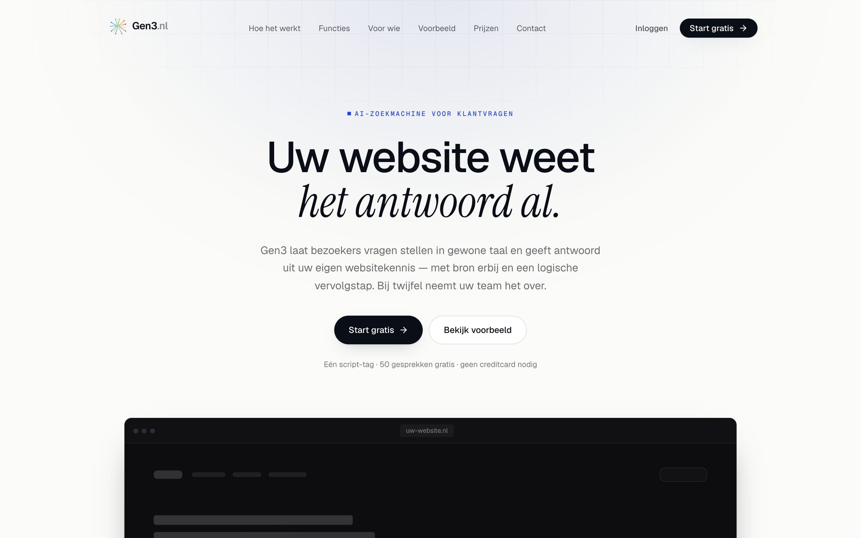 Publieke website van Gen3 met de kop 'Uw website weet het antwoord al'