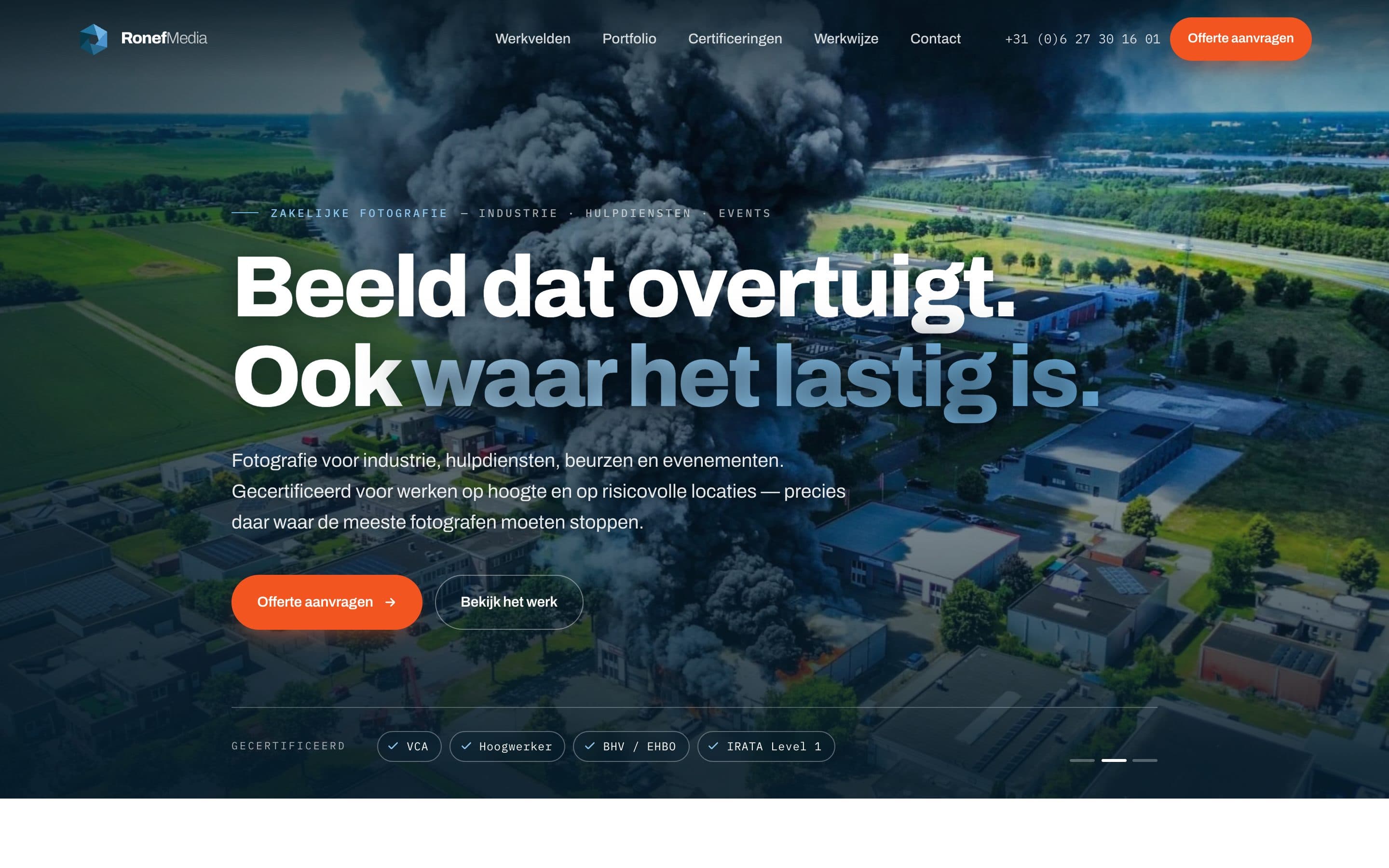 Nieuwe website van RonefMedia met een dronefoto van een industriële brand