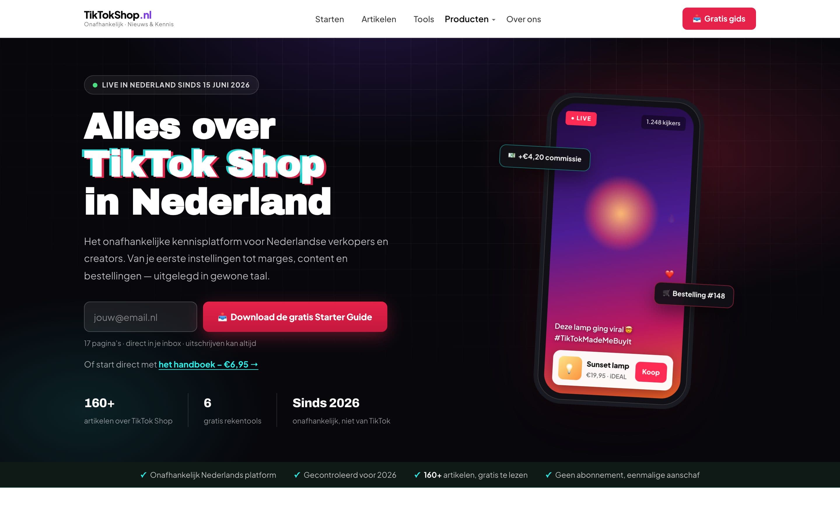Homepage van TikTokShop.nl met de kop 'Alles over TikTok Shop in Nederland'